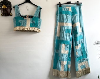 Upcycling Palazzohosen-Set: Handgemachte Vintage Robe, Korsettoberteil (Größe XS/S)
