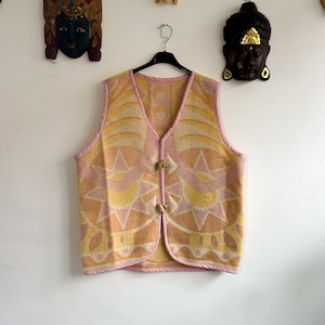 Handmade printed Women&#39;s waistcoat | Bohemian Style printed Wool Blanket vest | Upcycled Vintage Wool | Size XL