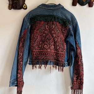 Cropped Boho Reworked Denim Jacket | Vintage Tapestry upcycled jacket | Fringed denim jacket | Size Large