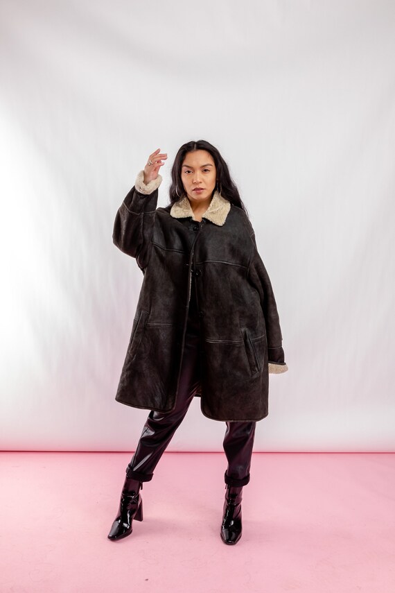 Vintage sheepskin winter coat, 80s Brown women's s