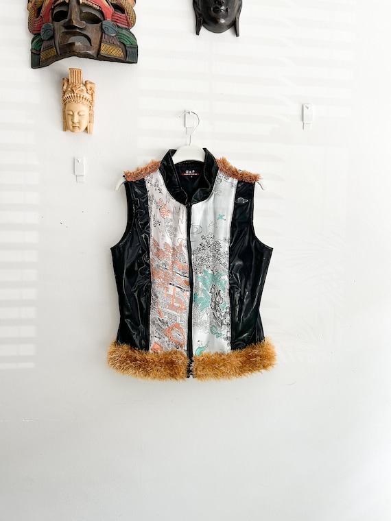 Upcycled Black Shiny waistcoat | Boho Style with Oriental Silk Patches | Eco-Friendly Fashion | Size Small