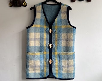 Boho Style Wolldecke Weste | Handgemachte Karierte Damen Weste | Upcycled Vintage Wolle | XS Größe
