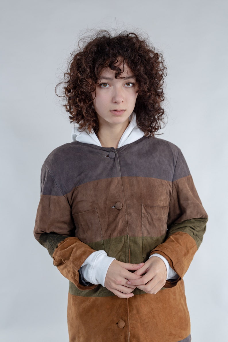 Vintage oversized suede shirt jacket Color block leather jacket Women/'s multicolor leather jacket Ladies button up jacket Size S