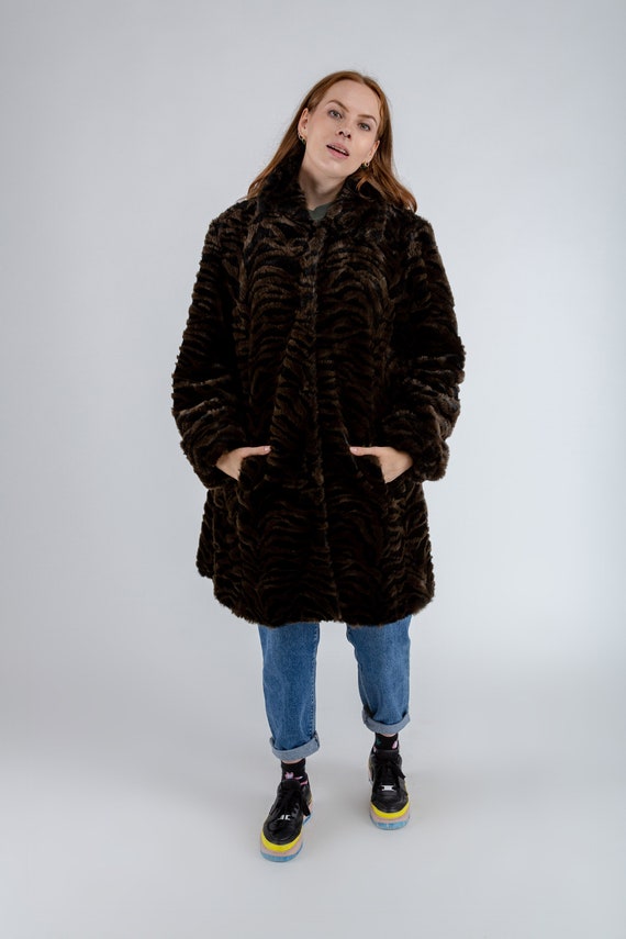 Oversized Faux fur zebra print coat, Vintage fake