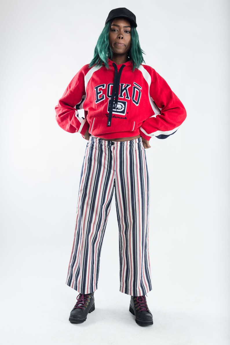 Blue and red striped trousers Women/'s high waist pants Vintage Summer stripe pantalon 90s straight leg highwaisted trousers Size L