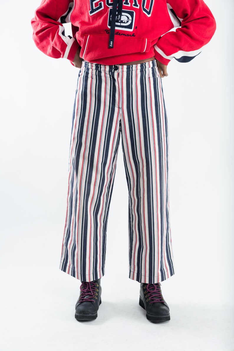 Blue and red striped trousers Women/'s high waist pants Vintage Summer stripe pantalon 90s straight leg highwaisted trousers Size L