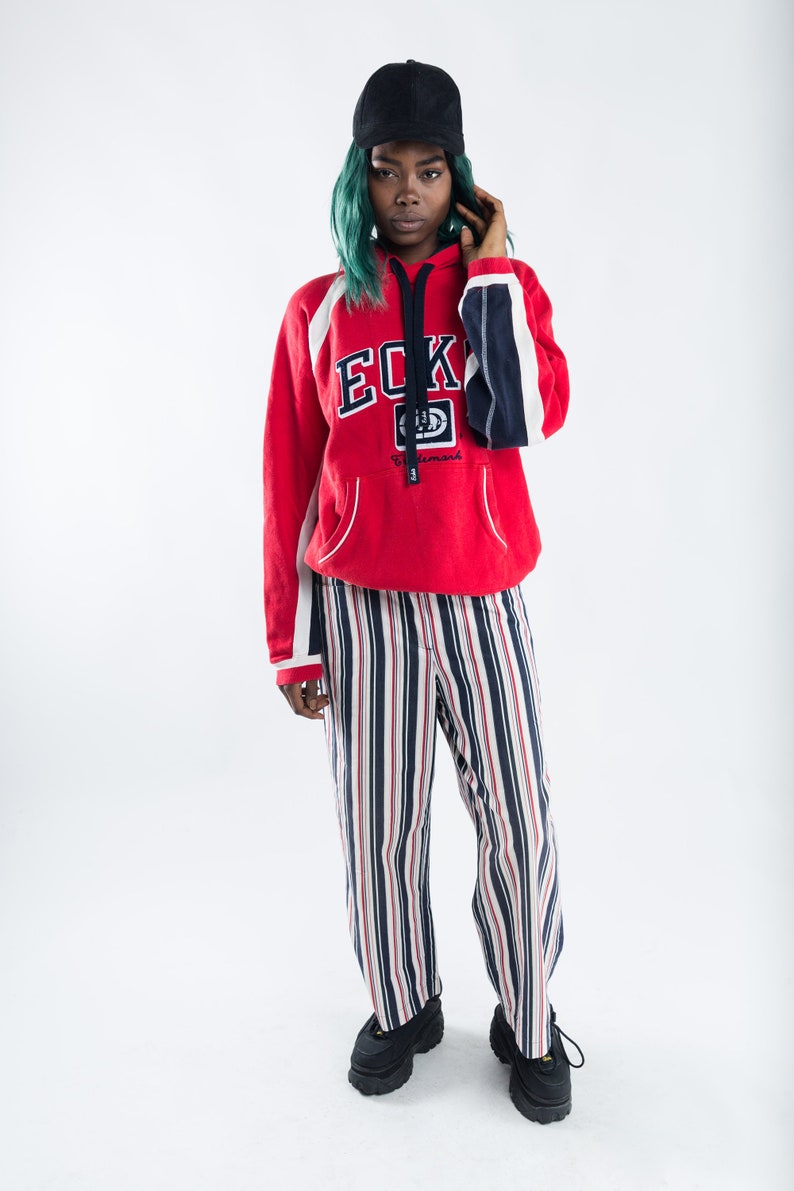 Blue and red striped trousers Women/'s high waist pants Vintage Summer stripe pantalon 90s straight leg highwaisted trousers Size L