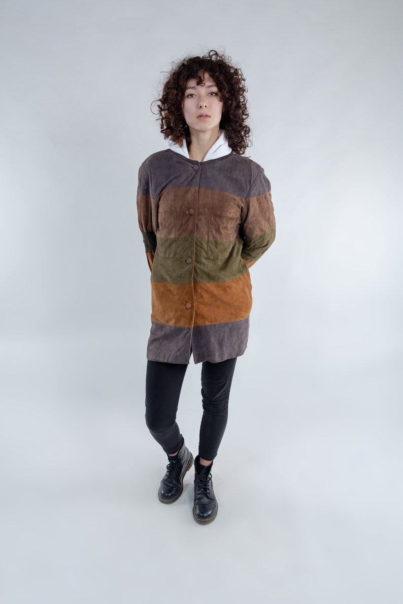 Vintage oversized suede shirt jacket Color block leather jacket Women/'s multicolor leather jacket Ladies button up jacket Size S