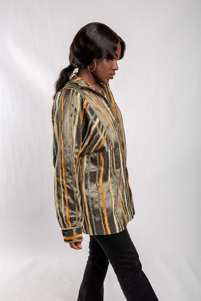 Green shiny bomber jacket Women/'s oversized zip up rib jacket Size M Lightweight jacket Vintage 90s striped jacket Vintage Summer jacket