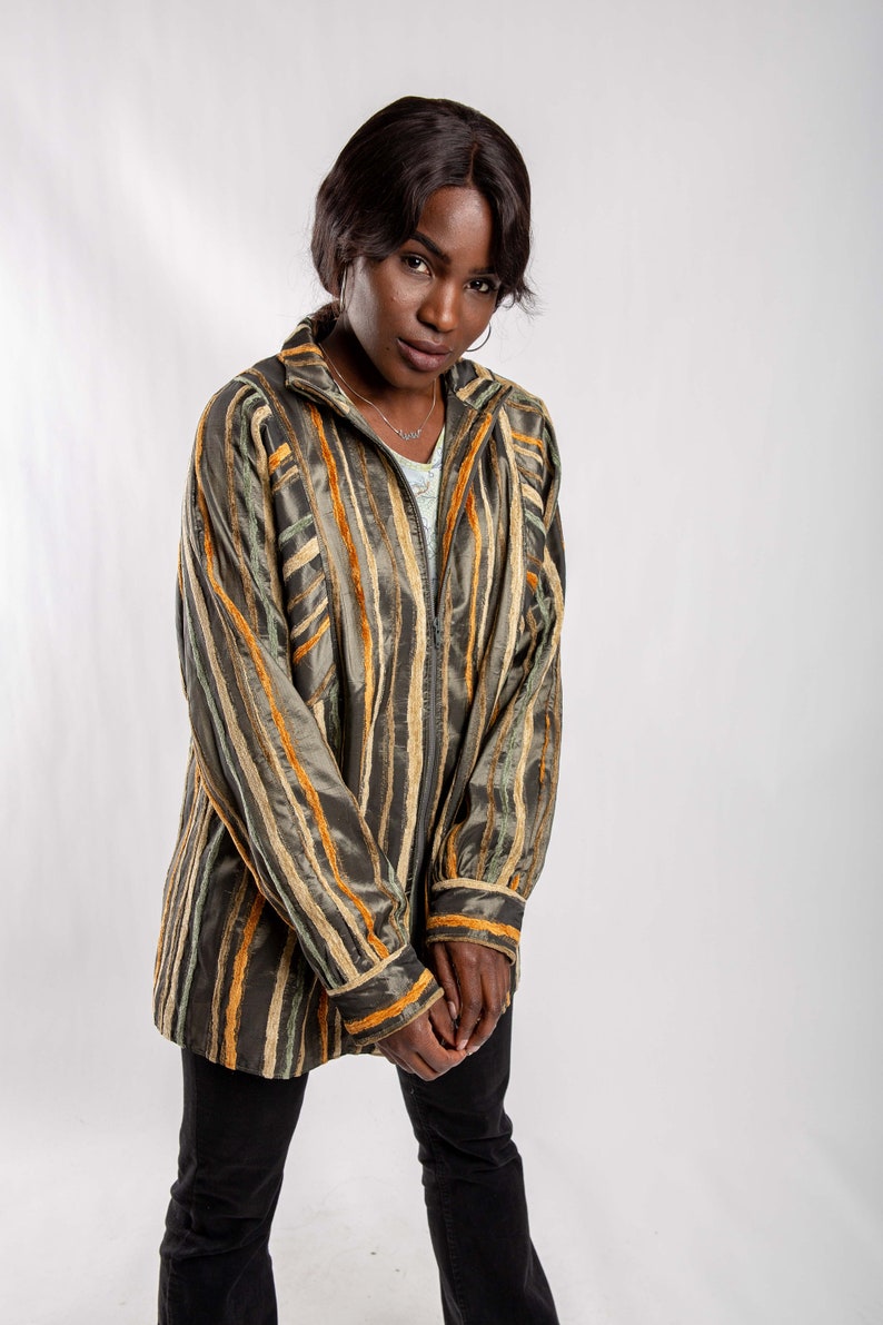 Green shiny bomber jacket Women/'s oversized zip up rib jacket Size M Lightweight jacket Vintage 90s striped jacket Vintage Summer jacket