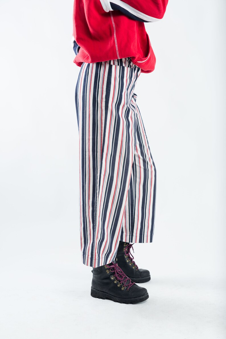 Blue and red striped trousers Women/'s high waist pants Vintage Summer stripe pantalon 90s straight leg highwaisted trousers Size L