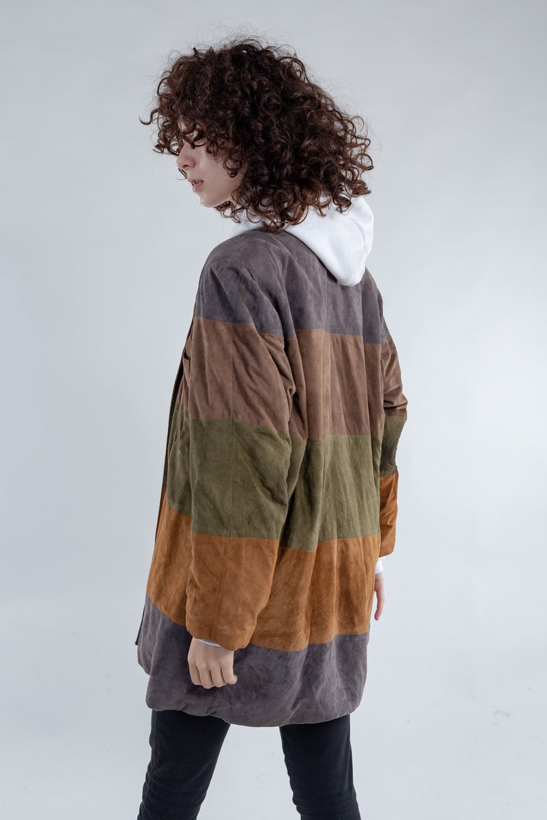 Vintage oversized suede shirt jacket Color block leather jacket Women/'s multicolor leather jacket Ladies button up jacket Size S