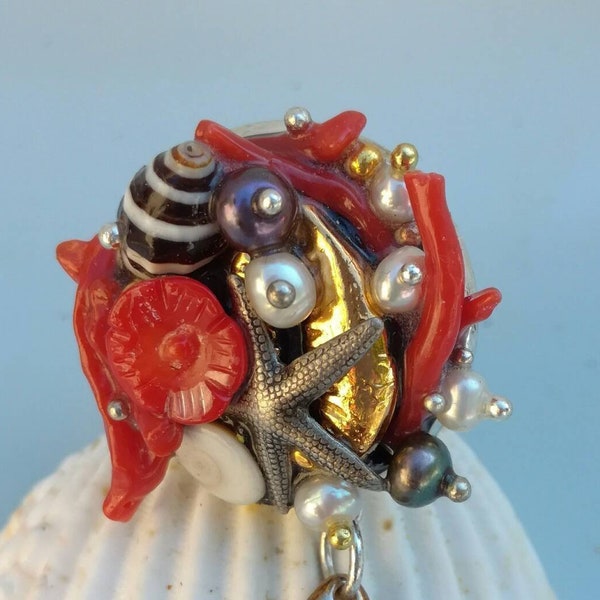 RESERVED MARTINE Vintage Baroque ring, Corsican coral ring, st. Lucia pearl culture eye, createurkokopellyLtd, unique in ethnic