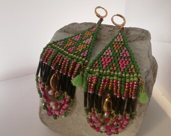 Earrings, the Nomade Clandestine, ethnic woven, pink and green. Handmade, unique designer jewelry kokopellyLtd. Gift for her.