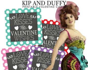 May include: Four printable Valentine's Day cards with a polka dot background. Each card features a chalkboard with the text "Love Kisses and Valentine Wishes" in white chalk.