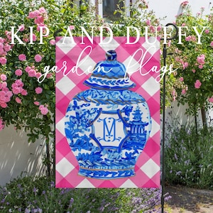 Ginger Jar in China Blue on Pink Gingham House or Garden Flag | Mother's Day Gift by Kip and Duffy