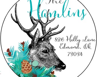 Christmas Round Return Address Labels, Vintage Deer, Aqua, Teal Snowy Branches, Stag Christmas Address Labels