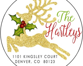 Christmas Round Return Address Labels, Faux Gold Glitter Stag with Holly