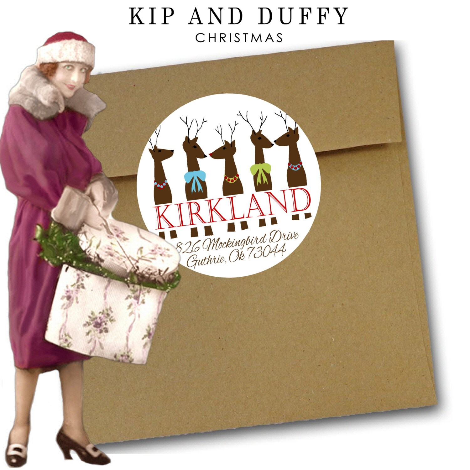 Christmas Round Return Address Labels, Preppy Reindeer, Preppy Christmas,  Vintage Christmas