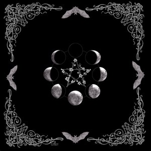 Extra Large Silk Tarot Table Card Cloth with Moon Phases and Bats Floral Pentacle Gothic Design