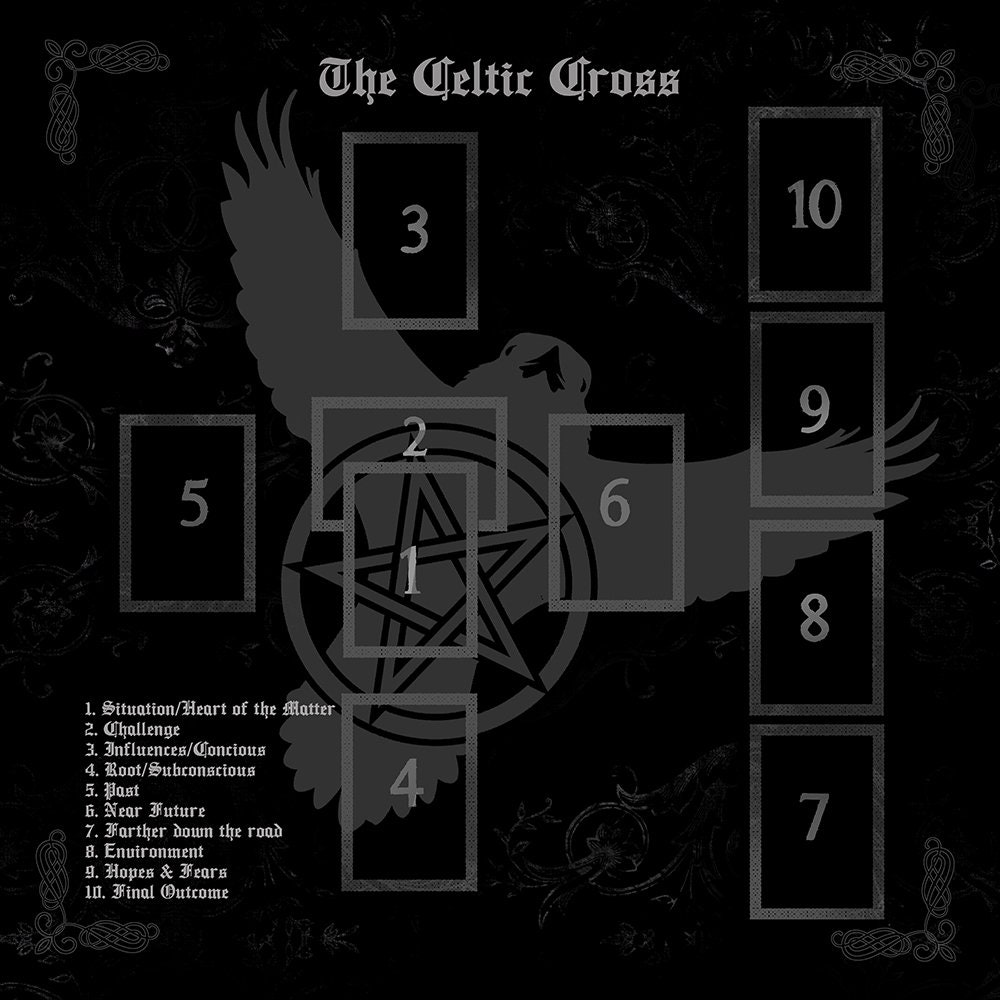 Silk Tarot Card Cloth with Raven and Pentacle Celtic Cross spread