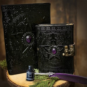 Book of Shadows Grimoire Amethyst Stone Vintage Leather Journal Magick with Feather Calligraphy Pen Option