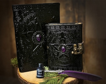 Book of Shadows Grimoire Amethyst Stone Vintage Leather Journal Magick with Feather Calligraphy Pen Option