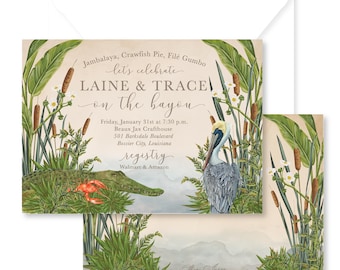 May include: An invitation suite featuring a watercolor illustration of a bayou scene. The design includes an alligator, pelican, and lush greenery. Text reads "LAINE & TRACE on the bayou" with event details and registry information.