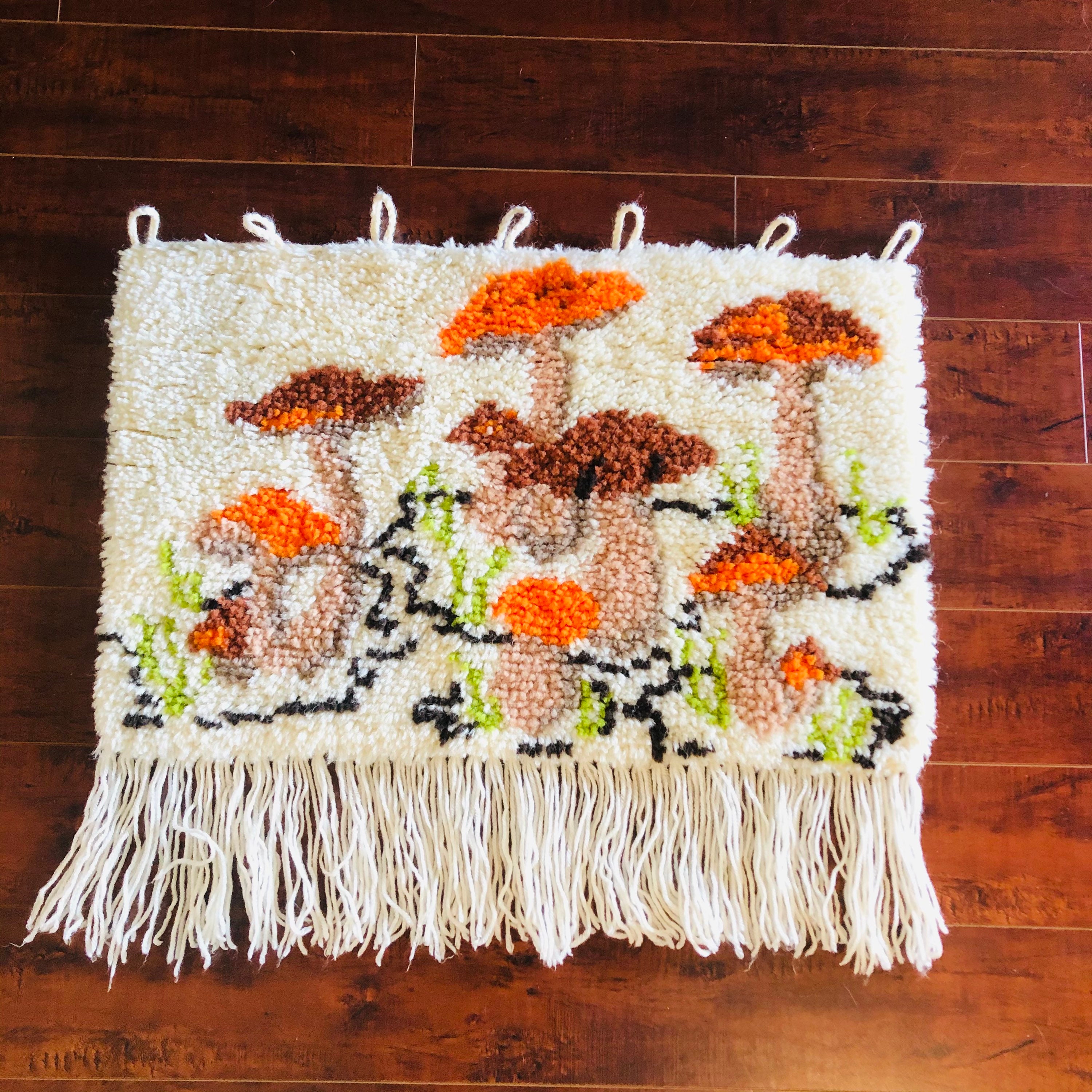 Vintage Mushroom Latch Hook Rug Wall Hanging With Fringe Etsy