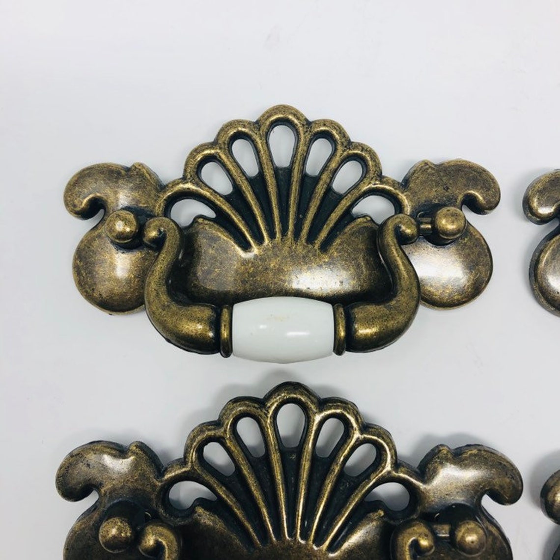 Vintage Metal Gold Toned Drawer Pulls with Cream Plastic Etsy