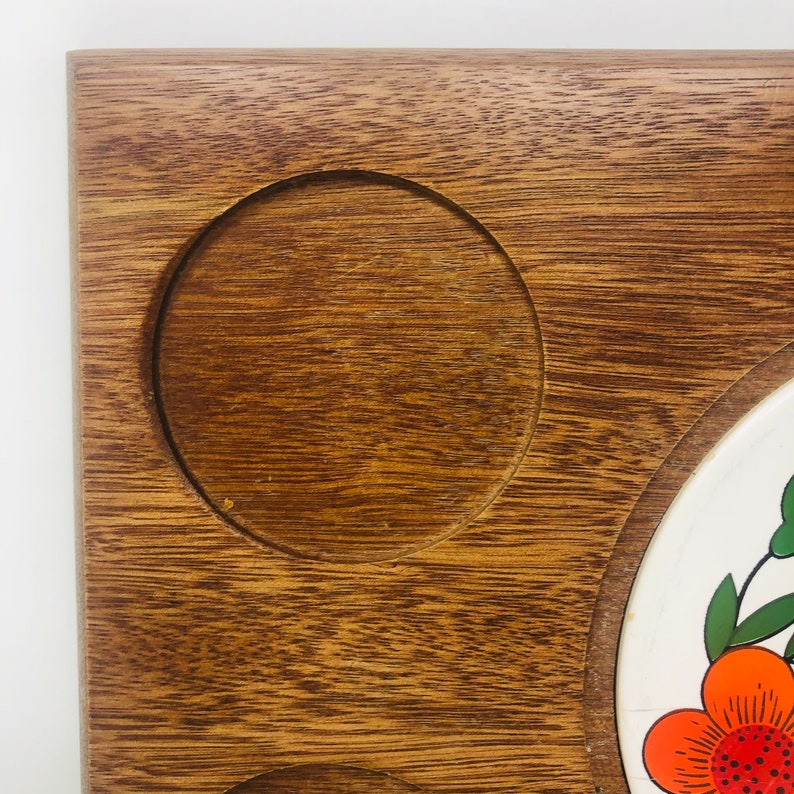 Vintage Wood Cheese Board with Floral Ceramic Centre