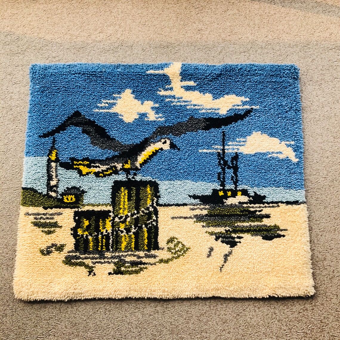 Vintage Latch Hook Rug Seagull Boat Beach Ocean Theme Etsy