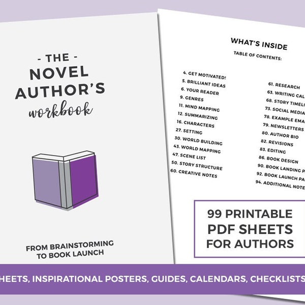 Novel Authors Workbook, Digital Printable Planner for Writers, Worldbuilding Worksheets, Character Profiles, NaNoWriMo, Writing Workbook