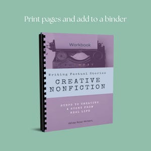 May include: A workbook titled "Creative Nonfiction" with a purple cover and black spiral binding. The cover features a vintage typewriter image and text that reads "Writing Factual Stories" and "Steps to Creating a Story From Real Life."