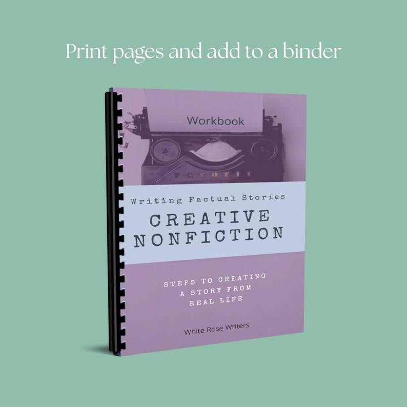 May include: A workbook titled "Creative Nonfiction" with a purple cover and black spiral binding. The cover features a vintage typewriter image and text that reads "Writing Factual Stories" and "Steps to Creating a Story From Real Life."