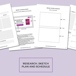 The Novel Author's Workbook with 99 printable pdf sheets to help you write your novel, from brainstorming to publishing. Showing a page for research, book launch ideas, cover design and calendar for writing your novel.