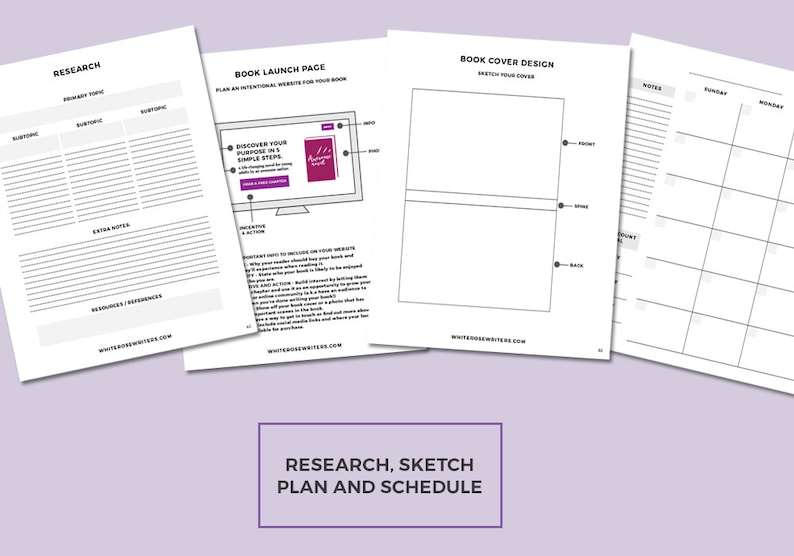 The Novel Author's Workbook with 99 printable pdf sheets to help you write your novel, from brainstorming to publishing. Showing a page for research, book launch ideas, cover design and calendar for writing your novel.