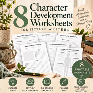 Può includere: Un set di 8 schede di sviluppo del personaggio per scrittori di narrativa, stampate su carta. Le pagine bianche presentano testo e linee nere per profili dei personaggi, brainstorming e sviluppo, inclusa una sagoma umana.