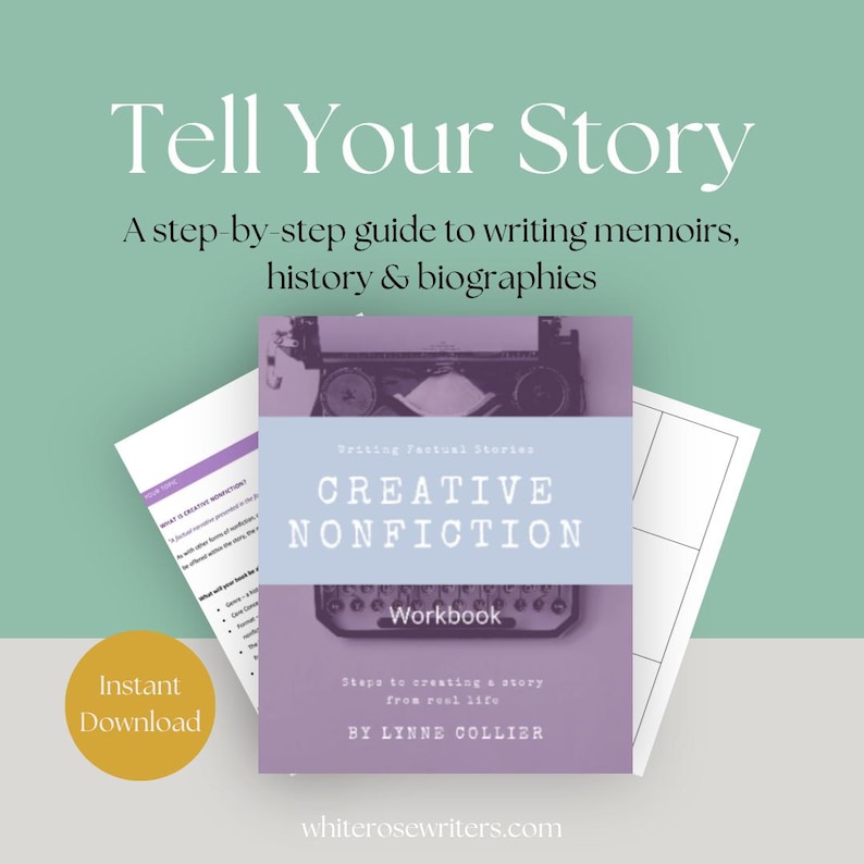 May include: A workbook titled "Creative Nonfiction" with a vintage typewriter illustration. The cover features the text "Tell Your Story" and "A step-by-step guide to writing memoirs, history & biographies." An "Instant Download" button is visible.