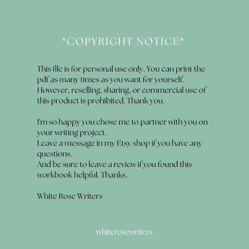 May include: A digital document with text on a light green background. The text includes a copyright notice, usage terms, and a thank you message. The document is from White Rose Writers, with their website address at the bottom.