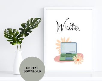 Printable Wall Art for Writers, Digital Download, Boho Laptop, Wall Art for Office, Gift for Student, Boho Botanical, Gift for Writer