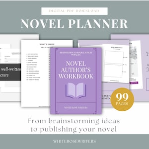 May include: A digital PDF novel planner with a purple cover titled "Novel Author's Workbook." The workbook includes 99 pages and is designed to help authors brainstorm ideas and publish their novels. The image also includes the text "Digital PDF Download."