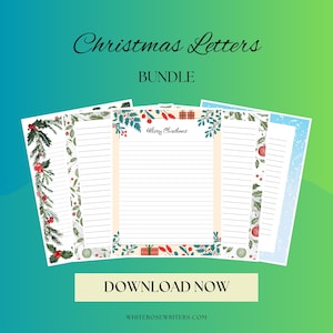 May include: A collection of Christmas letter papers with festive borders of holly, berries, and gift boxes. The text "Christmas Letters BUNDLE" is at the top, with "DOWNLOAD NOW" at the bottom. The background is a teal and green gradient.