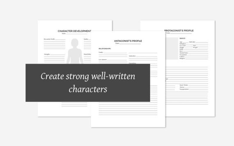 The Novel Author's Workbook with 99 printable pdf sheets to help you write your novel, from brainstorming to publishing. Here is a collection of the character creation pages included in the planner.