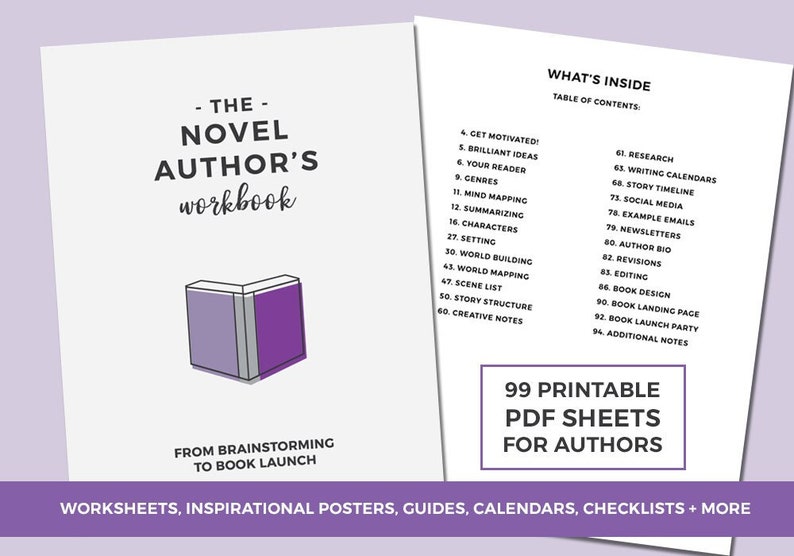 The Novel Author's Workbook with 99 printable pdf sheets to help you write your novel, from brainstorming to publishing. Pages for character profiles, plot twists, world building, mapping, research, scenes, character arcs and much more.