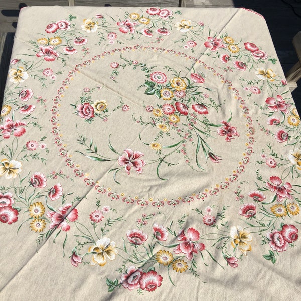 Vintage Round Textured Linen Tablecloth 70" w/ Embroidered Border Printed Floral Flowers Embroidered Border Kitchen, Dining Table Home Decor