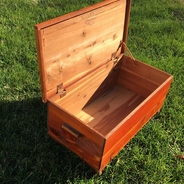 Vintage Cedar Chest Wood Trunk, Flat Top, Hinged Lid, Handles, Farley & Loetscher, Child-Size, Salesman's Sample, Dubuque, Iowa