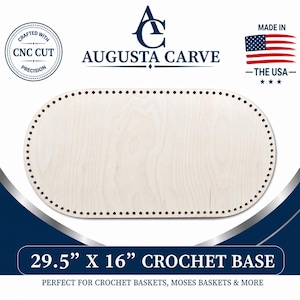 May include: An oval light-colored wooden crochet base with evenly spaced holes along the perimeter. The text reads AUGUSTA CARVE, MADE IN THE USA, and 29.5 INCHES X 16 INCHES CROCHET BASE. A circular logo states CRAFTED WITH CNC CUT PRECISION.