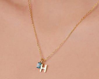 Initial Birthstone Necklace, Custom Letter and Gemstone 14k Gold Plated Necklace for new Mom, Mothers Day Gift For Wife