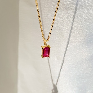 Tiny Ruby Necklace, July Family Birthstone Necklace For Her, Ruby Baguette 14k Gold Filled Pendant For Mom, Christmas Gifts